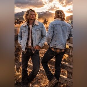 Lee Sherpa Lined Denim Trucker Jacket Ranch Light Wash Winter Coat Mens Large